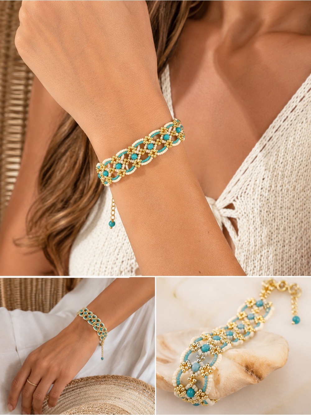 Hand Crafted Gold and Turquoise Beaded Link Bracelet - Women Jewelry